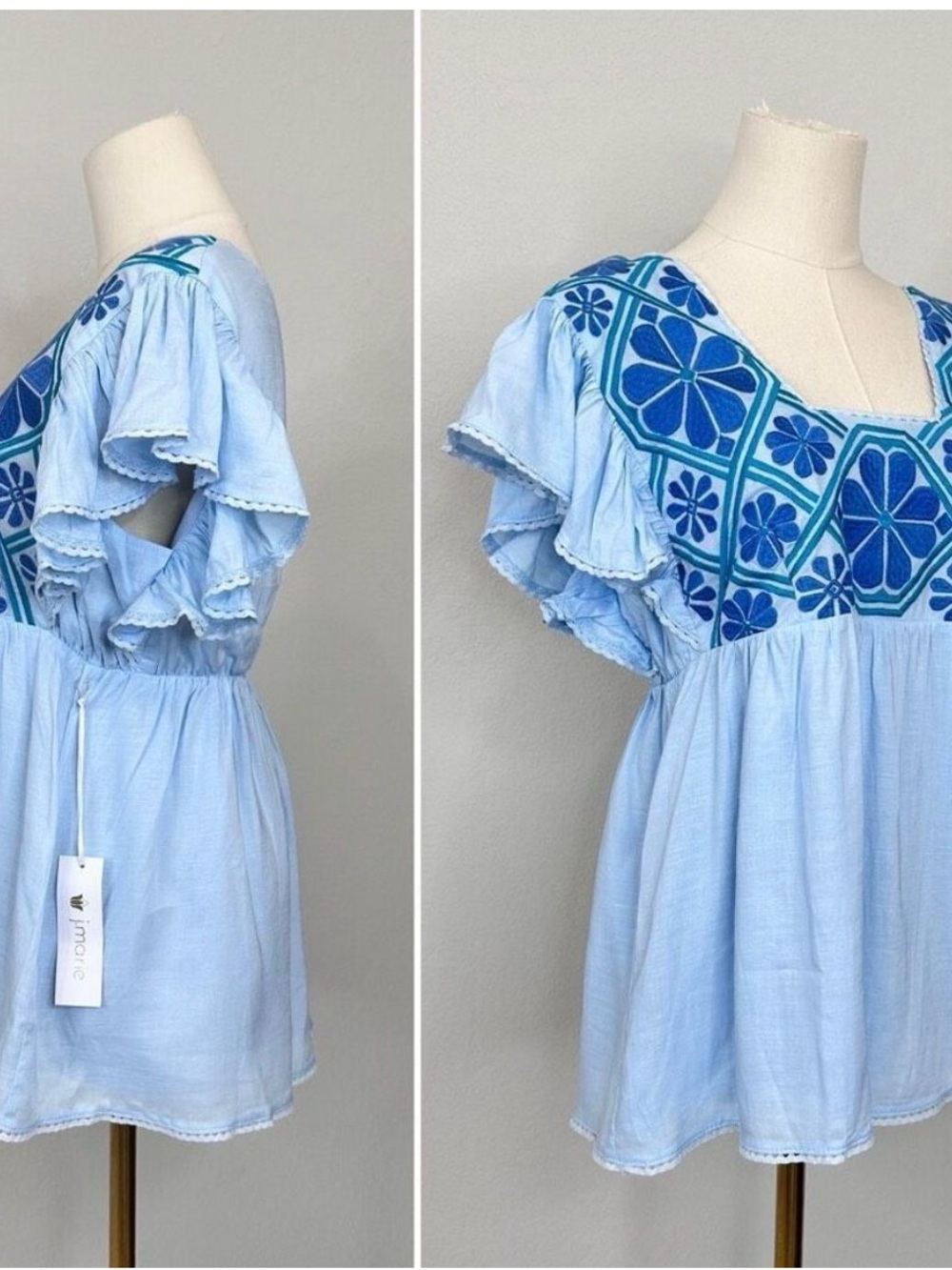 J.Marie Embroidered Flutter Sleeve Top - Light Blue NWT Medium - Picture 5 of 14